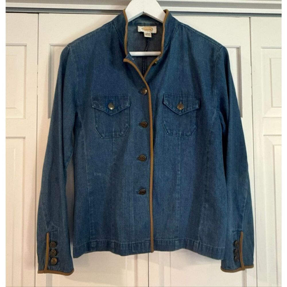 Talbots vintage denim faux suede trim Nehru collar shacket size small petite - Picture 3 of 11